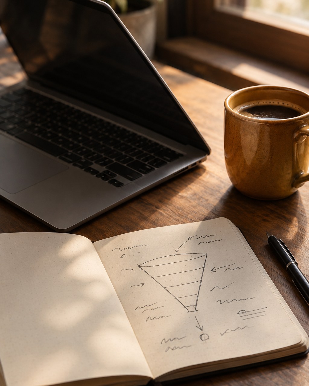 Open notebook with a hand-sketched funnel diagram beside a half-closed laptop and a cup of coffee