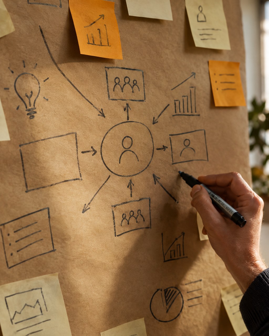 Hand sketching a positioning map on a kraft-paper wall covered in sticky notes