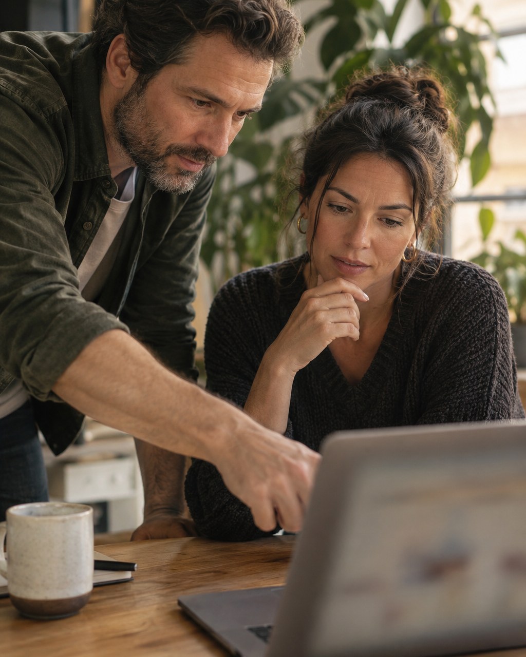 Two people reviewing a blurred laptop screen together near office plants