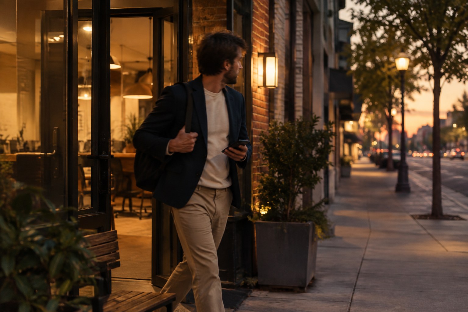 A founder walking out of a small office storefront at dusk, phone in hand